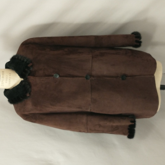 Authentic Shearling USA made Coat Long Jacket Dark Brown Suede Leather Fur Trim - Picture 1 of 16